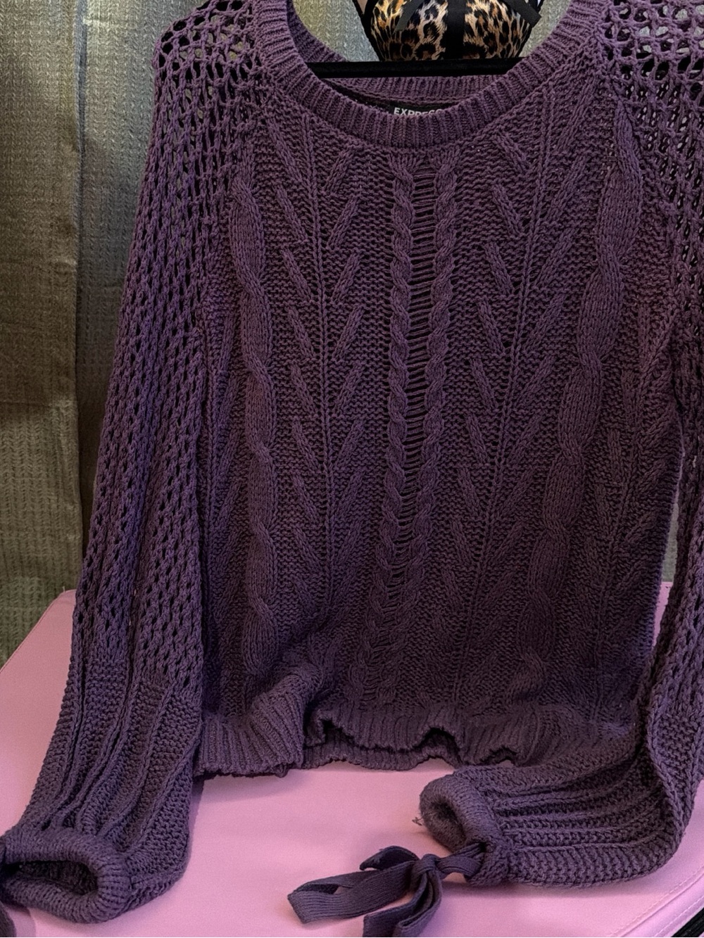 Express Purple Cable-Knit Crewneck Sweater with Tie Hem